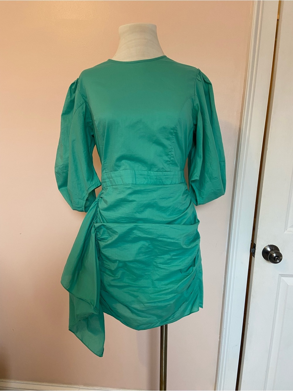 RHODE Teal Puff-Sleeve Ruched Cotton Mini Dress